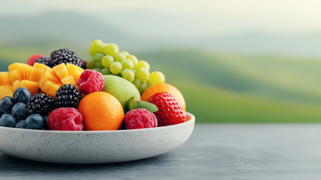 A vibrant bowl of assorted fresh fruits displayed against a serene backdrop.