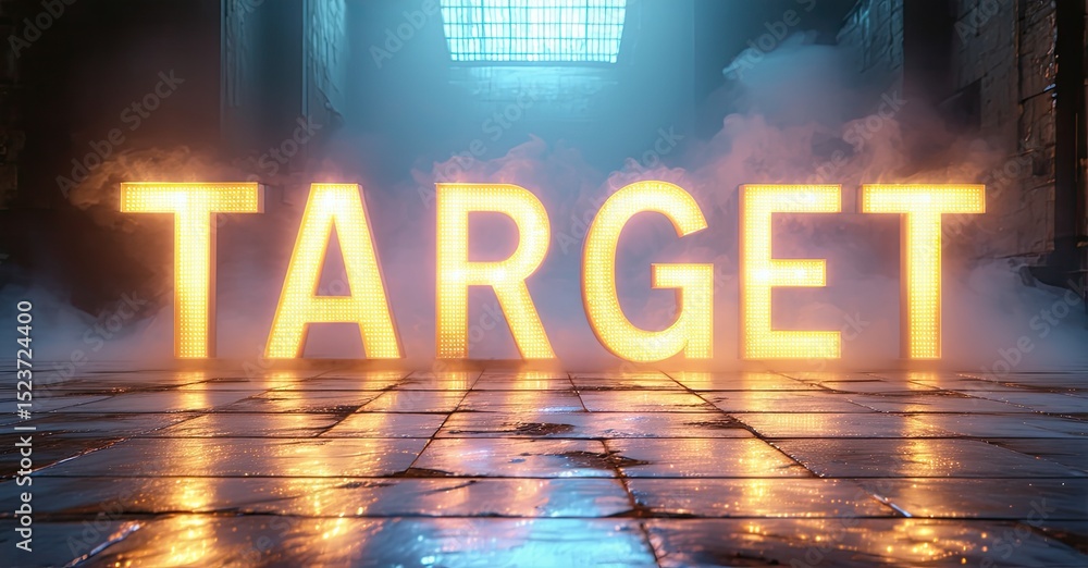 Poster Illuminated TARGET sign rests upon wet pavement. Fog fills dark corridor, creating dramatic lighting effect. Intense focus present.