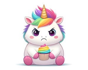Grumpy rainbow unicorn holding cupcake isolated on white background