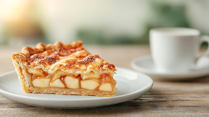 Delicious apple pie slice served on a plate with a cup of coffee in the background.