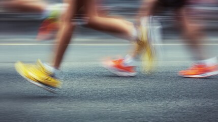 Close-up of the feet and legs of multiple runners in motion, running on an asphalt road, with a blurry background, low-angle shot, motion blur
