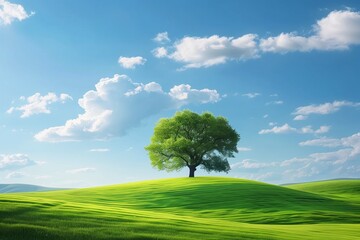 Lonely Tree on Rolling Green Hills Under a Clear Blue Sky with Puffy White Clouds