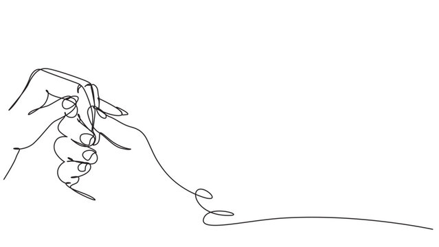 Minimalist line art drawing of two hands creating and manipulating a single continuous thread