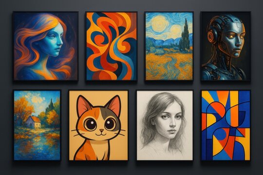 Diverse collection of synthetic media artworks displayed in a contemporary gallery setting