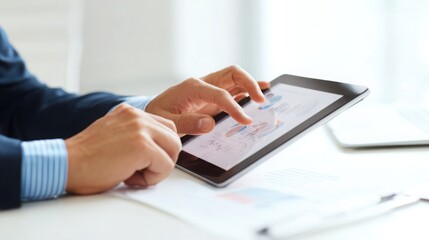 Fototapeta premium Close-up of a man hand interacting with a tablet device representing modern technology digital communication and online business tools.