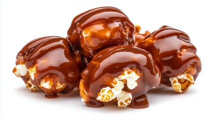 Sweet and Sticky Caramel Coated Popcorn Snack Treats on White Background