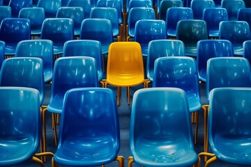 Fototapeta premium Vibrant Yellow Chair Stands Out Among Blue Seats in a Sea of Monotony