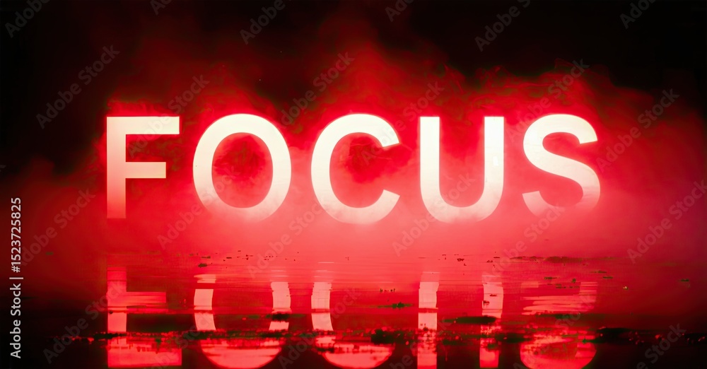 Aufkleber bright red text spells focus with reflection below. dramatic lighting creates intense visual impact.
