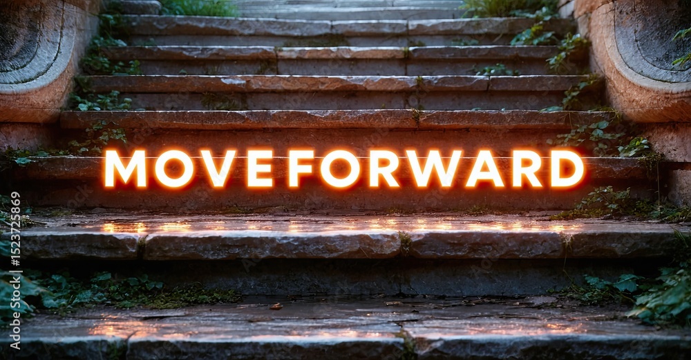 Poster stone steps illuminated by bright neon text. message encourages progress, hope. dark background emph