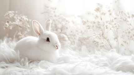 Obraz premium Adorable white rabbit close-up in a tranquil indoor setting on a soft white background
