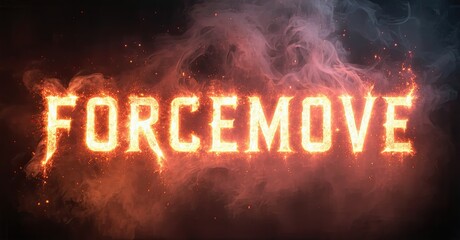 Fiery text spells FORCEMOVE against dark, smoky background. Intense orange, red hues dominate visual space. Dramatic lighting creates powerful effect.