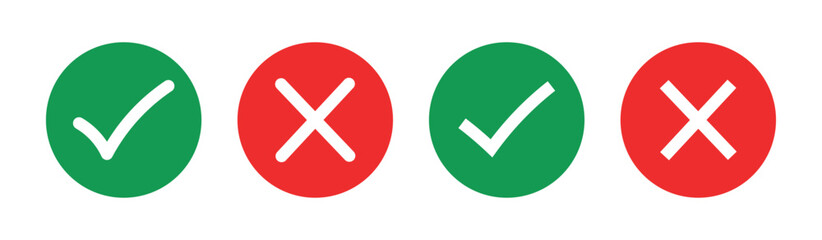 Correct and wrong icons are set in green and red colors. Tick and cross icons. Vector illustration, check mark icon button set. Yes or no checkmark icons in a green tick box and a red cross.