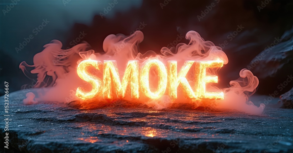 Poster fiery text spelling smoke glows against dark backdrop. wisps surround illuminated letters, creating 