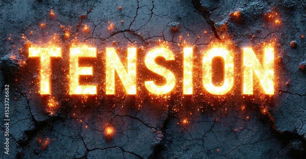 Poster dramatic image displays word tension glowing amidst cracked surface. sparks radiate from fissures, c