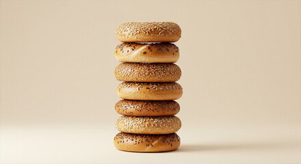 Tall stack of golden brown bagels topped with sesame seeds on a neutral background.