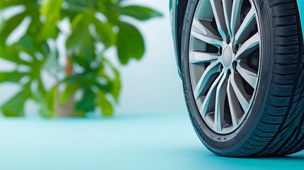 Close-Up View of Car Tire and Green Plant in Soft Background