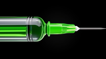 Transparent Syringe with Green Liquid and Sharp Needle on Black Background