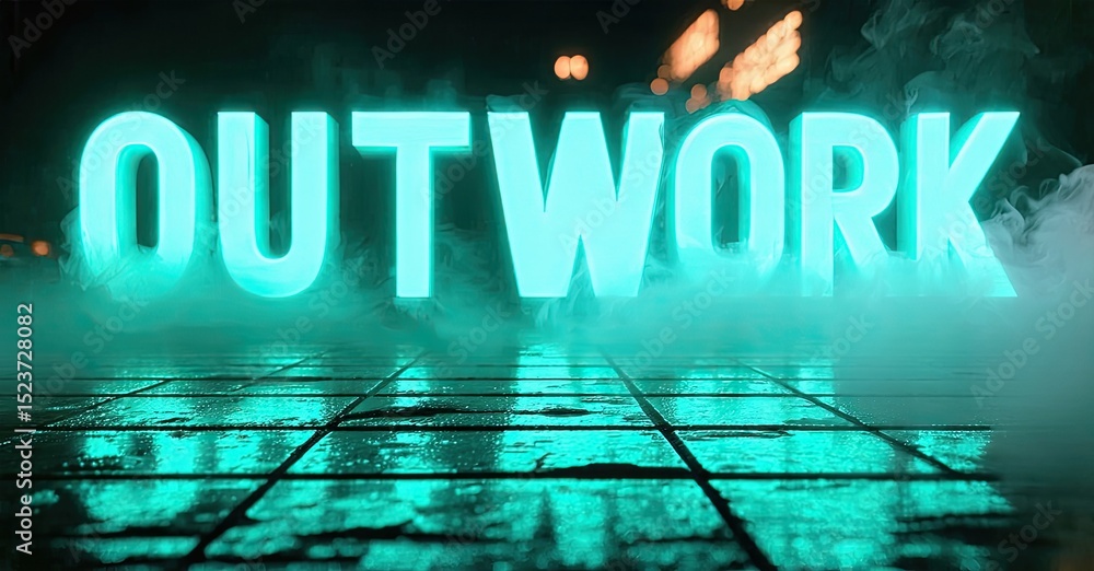Poster bright neon sign spells outwork. dark stage with glowing grid pattern below text. fog creates dramat