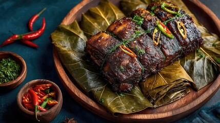 Oman dish Shuwa Spiced meat wrapped in banana leaves and slow-cooked dark and tender