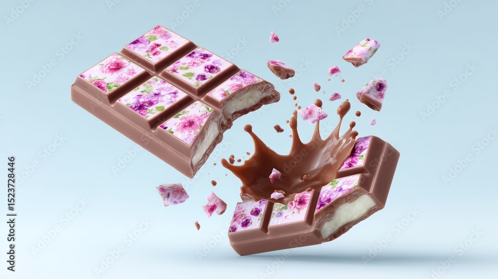 Poster chocolate bar with floral design is exploding into pieces, revealing creamy filling and splashes of 