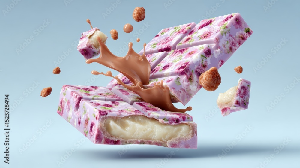 Poster colorful chocolate bar with floral design is exploding into pieces, revealing creamy filling and cru