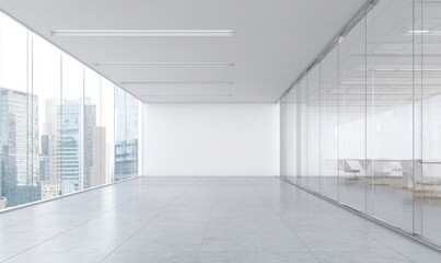 Obraz premium Modern office interior with white walls, wooden floor, panoramic windows and white mock up poster.