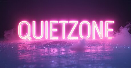 Obraz premium Bright pink neon sign displays QUIETZONE over blurred water. Purple hues dominate scene, creating vibrant atmosphere.