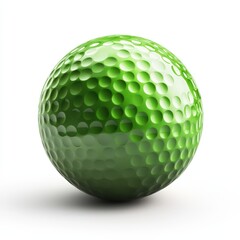 Close up of a single green golf ball with dimples, isolated on white background