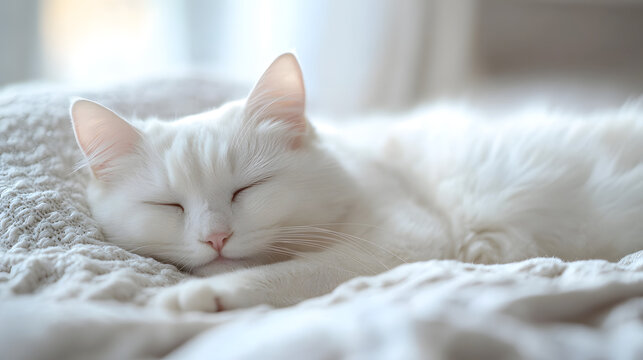 Sleeping white cat cozy indoor setting pet photography soft textures close-up view serenity