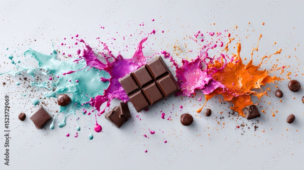 Poster colorful splashes of paint surround dark chocolate squares and cocoa beans, creating a vibrant and a
