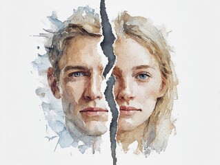 A watercolor illustration of a man and woman's faces, vertically torn apart. This poignant image symbolizes separation, relationship challenges, and the pain of a broken bond, highlighting emotional d