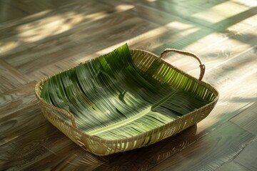 Green Leafy Basket Lined with Fresh Leaves on Wooden Floor