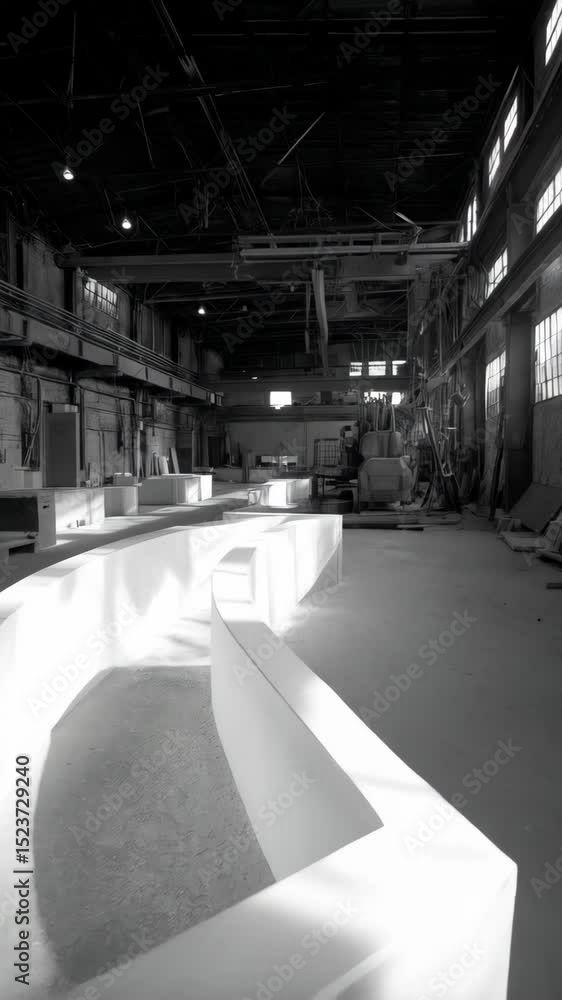 Poster dramatic monochrome shot in an empty industrial space with white curved structures and overhead cran
