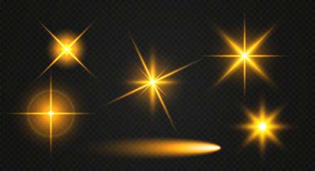 Golden glitter bokeh lights and sparkles. Shining star, sun particles sparks with lens flare effect on transparent background