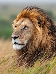 Fototapeta premium the close up shot showcases a large feline with a regal mane. the mane is a mix of light brown and dark brown, giving it depth and texture