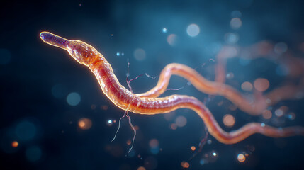 Close up view of a single parasitic worm with a dark blue background and bokeh effect lights.