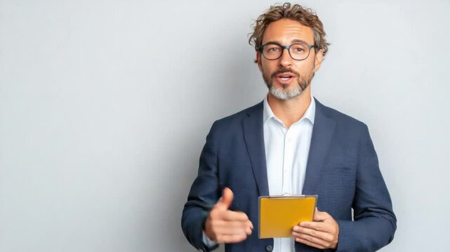 Professional with Presentaiton: A sophisticated business man, exuding confidence in professional attire, engages the audience with a dynamic presentation.