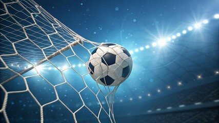 Soccer ball entering goal net in stadium