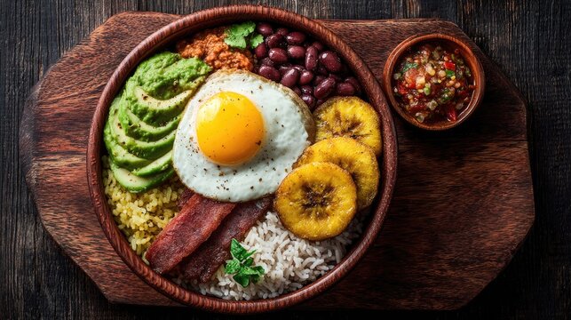 Colombia dish Bandeja Paisa Platter with beans rice chorizo avocado plantains and fried egg