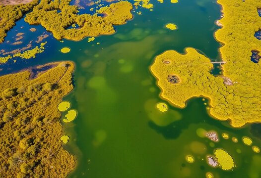 Drone view of Geoff Skinner Wetlands, Wellington Point, Brisbane, showcasing diverse wetland ecosystem, birds, tranquil