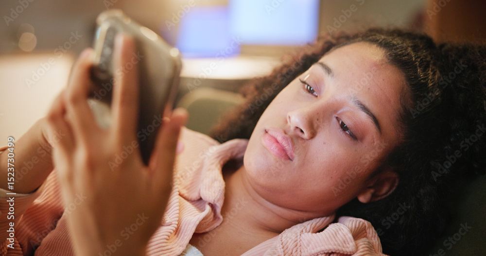 Poster woman, bored and phone with texting on couch, tired and contact with scroll on social network. girl,