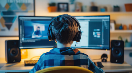 Young Boy Engaged with Computer: A Focused Child Learning or Playing on a Laptop/Desktop, Representing Modern Education, Digital Native, or Screen Time.
