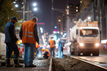 Fototapeta premium Workers repair rails in the city.street workers and a welder while repairing the rail tracks in the city at night.