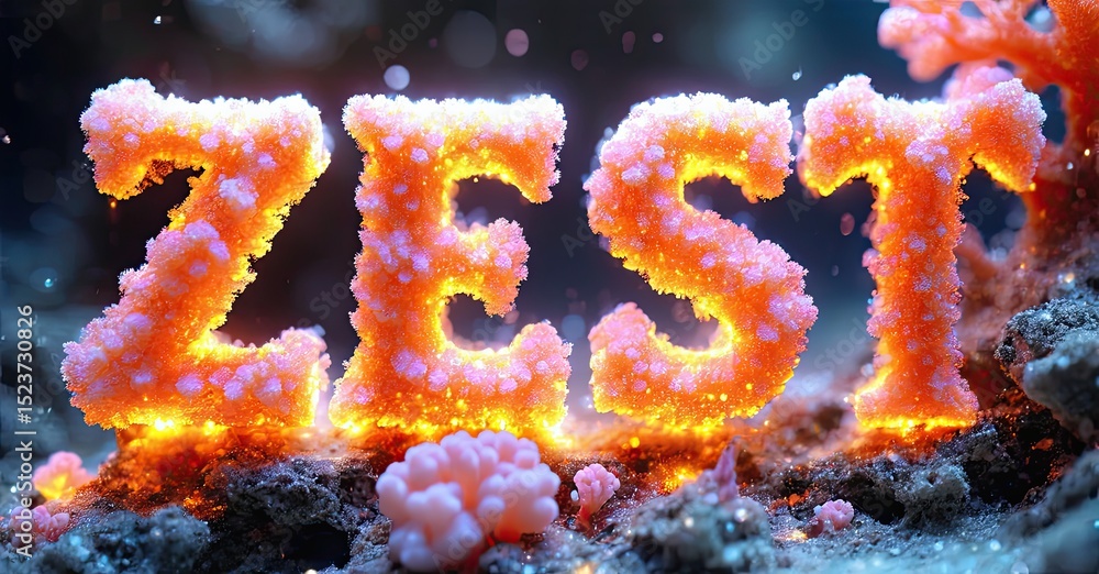 Poster Bright word ZEST formed from coral structures. Vivid orange hues dominate, creating dynamic texture. Background dark, emphasizing glowing letters.