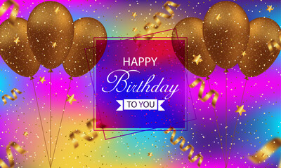 Golden balloons and stars on vibrant gradient background with confetti and ribbon, festive Happy Birthday greeting in center frame.