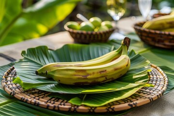 Fresh Bananas Placed on Green Leaf Plates in Tropical Setting