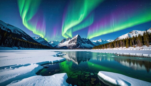 Aurora Borealis over frozen lake