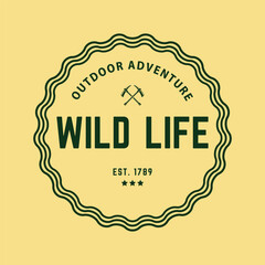 Vintage badge design for outdoor adventure and mountain camping season. Retro style with bold text and crossed axes, perfect for nature or hiking themes.