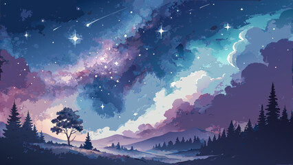 Vector galaxy background, deep blues and purples with shimmering stars, cosmic dreamscape with copy space