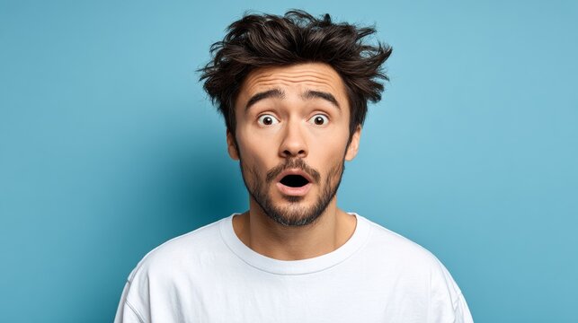 Young man with surprised expression and tousled hair, wearing a casual white t-shirt, against a vibrant blue background, capturing a moment of astonishment and emotion in a playful manner